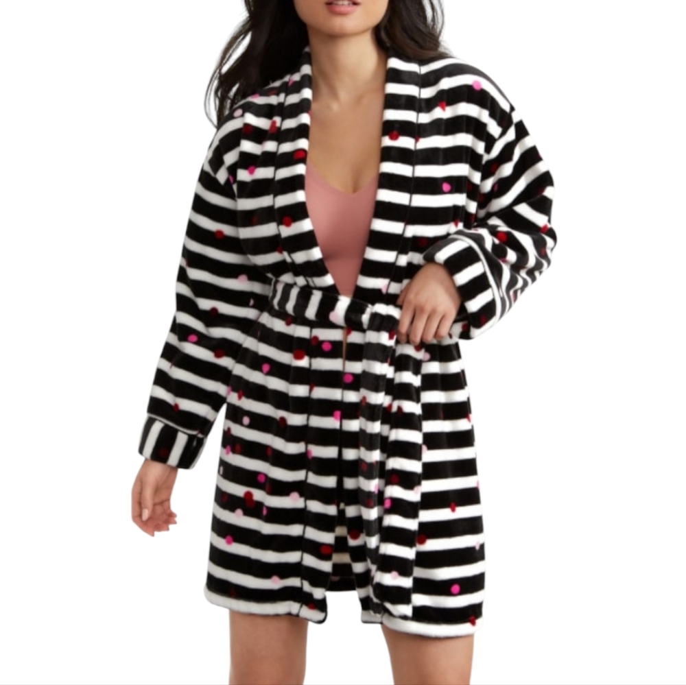 Kate‎ Spade New York® Chenille Wrap Robe Black & White Striped With Polka Dots M